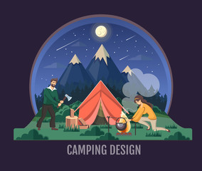 People camping in the wild nature. Mountain landscape. Outdoor adventure. Flat style vector illustration. Night scene