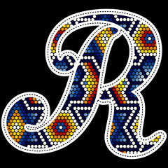 initial capital letter R with colorful dots. Abstract design inspired in mexican huichol beaded craft art style. Isolated on black background