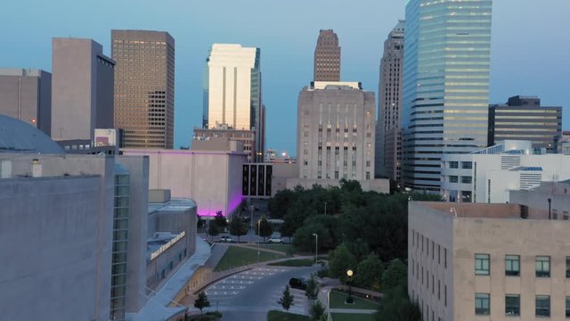 Oklahoma City, Oklahoma, USA. 16 May 2020, Aerial of the downtown city skyline at sunset