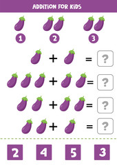 Addition for kids with cute cartoon purple eggplant.