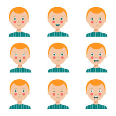 Set of various facial expressions of cute cartoon red haired boy.