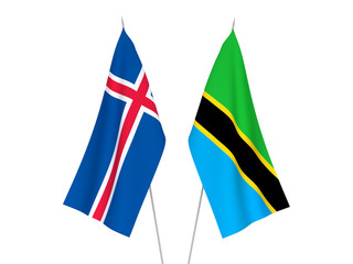 National fabric flags of Tanzania and Iceland isolated on white background. 3d rendering illustration.
