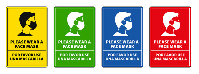 please wear face mask, face mask required in English and spanish label vector