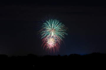 Magnificent green and red fireworks on the dark sky