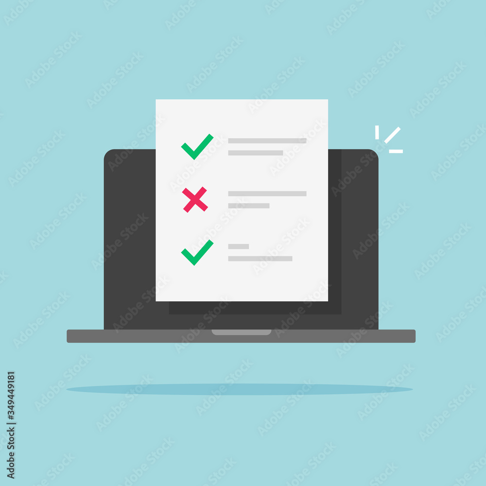Poster online test results on exam survey form or check list on laptop computer vector flat cartoon paper q
