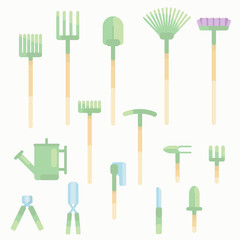 Set of garden tools on a white background: shovel, pitchfork, rake, fan rake, pickaxe, mop, long rake, watering can, hoe, nippers, indicator, knife, dagger, trident,