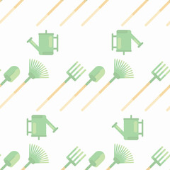 Garden tools pattern with watering can, spade, fan rake and pitchfork.