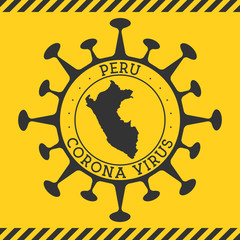 Corona virus in Peru sign. Round badge with shape of virus and Peru map. Yellow country epidemy lock down stamp. Vector illustration.