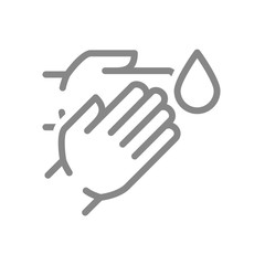 Human hands with disinfectant drop line icon. Cleaning supply, hand disinfection symbol