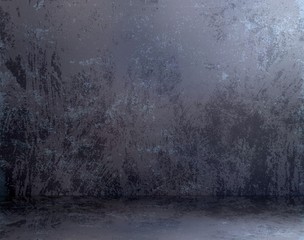 Prison cell or basement grunge room background. Empty abandoned dark place. Rough scratched cement wall. Old dirty concrete floor. Dark grey distressed texture 3d illustration.