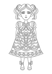 Coloring book page. Cute girl coloring. Line art.