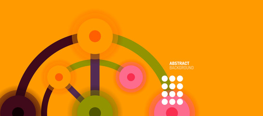Flat style geometric abstract background, round dots or circle connections on color background. Technology network concept.