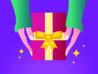 Gift vector concept: hands giving the glittering red present box,