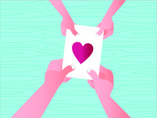 Greeting card vector concept: Top view of hands giving a greeting card with heart picture to someone