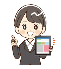 女性、スーツ、タブレット、説明