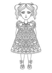 Coloring book page. Cute girl coloring. Line art.