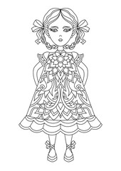 Coloring book page. Cute girl coloring. Line art.