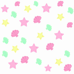 Clams and starfish seamless background pattern vector over white background
