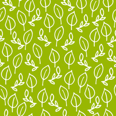 Seamless floral vector pattern. White outline Leaves and Twigs Isolated on olive Background. Tropical Green ornament for wallpaper, textile, wrapping paper, posters, cards. Hand-drawn eco illustration
