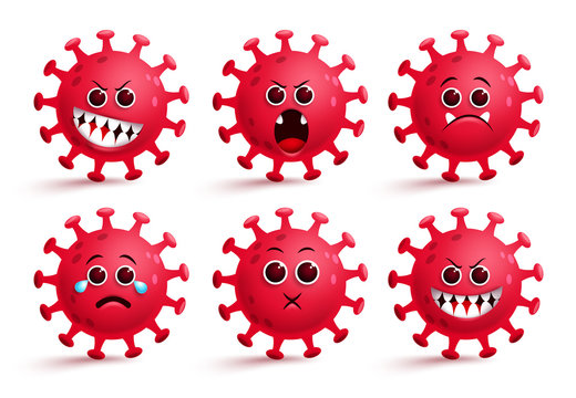 Covid-19 coronavirus emoji vector set. Covid-19 corona virus smileys emoji and emoticon with surprise, angry and scary expressions for ncov bacteria collection isolated in white. Vector illustration  