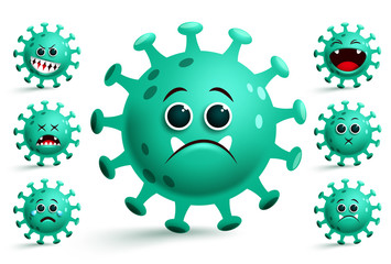 Corona virus emoji smiley vector set. Covid-19 coronavirus smileys emojis and emoticons with sad facial expression for disease outbreak isolated in white background. Vector illustration. 