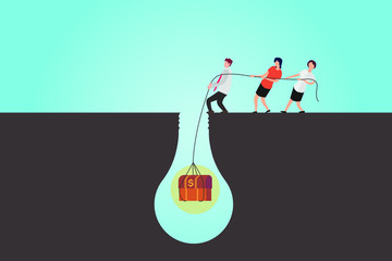 Business teamwork vector concept: Business people pulling a treasure from underground
