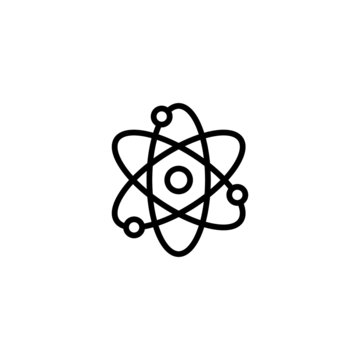 Atom icon in outline style on white background. Symbol of science, education, nuclear physics, scientific research. Electrons and protonssign