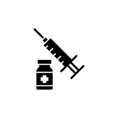 Injections and medicines Vaccine and syringe Vector icon illustration in black flat design on white background