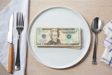 A top down view of a stack of US 20 dollar bills on a dinner plate, in a restaurant or kitchen setting.