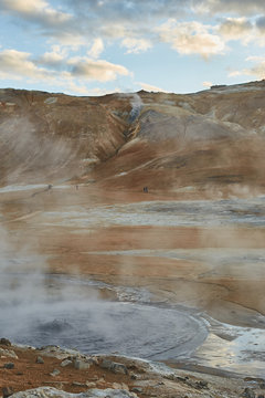 Visiting geothermal park. Dramatic photo of famous valley of geysers located in the mountains. Hot springs. Exploring Iceland