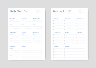 Meal menu schedule planner and shopping grocery list with checklist for print template simple design