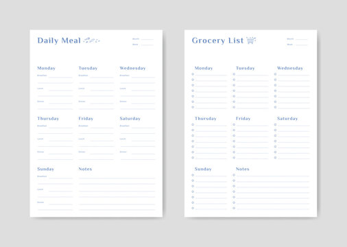 Meal menu schedule planner and shopping grocery list with checklist for print template simple design