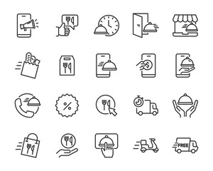 set of food delivery icons, restaurant, customer service