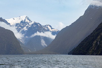 Cloudy landscape in the fiords of the South Island. New Zealand