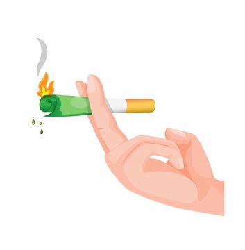 hand holding cigarette with half money burn fire, bad habit wasting money finance metaphor. concept in cartoon flat illustration vector isolated in white background