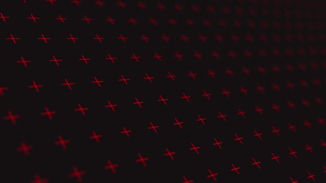 Red crossees on dark surface. 4K Imitation of LED RGB Videowall. Green shapes random scaling video. Perspective View. Neon wall background loop.