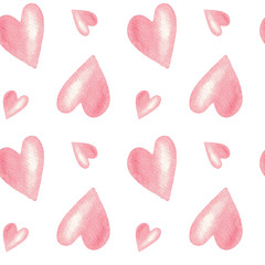 Seamless pattern with pink hearts on white background, hand painted watercolor illustration