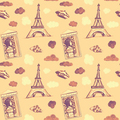 A hand drawn vintage style seamless pattern with Paris elements on pale beige background