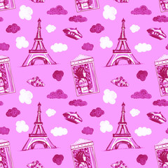 Fototapeta na wymiar A hand drawn pink seamless pattern with Eiffel tower, Paris girl, croissant, clouds, hat and window with floral doodles