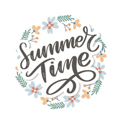 Green summer time letter flowers in modern style on colorful background. Greeting invitation vector illustration. Floral bouquet decoration. Decoration element.