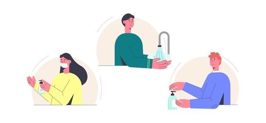Disinfection coronovirus. Proper hand treatment girl in mask guy puts disinfecting gel his hands teenager thoroughly washes his hands soap, prevention elimination of coronovirus vector infection.