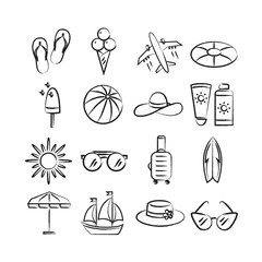Various summer theme icons: sun, plane, sunscreen, beach slippers, life buoy, sailboat, glasses, beach umbrella, hat, surfboard, suitcase and ice cream.