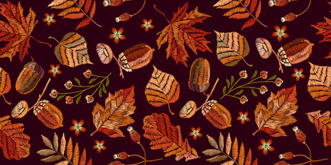 Autumn, vintage horizontal seamless pattern. Embroidery art. Leaves, acorns, wild forest. Fashionable template for design of clothes, t-shirt design © Matrioshka