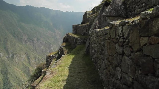 Pan. Stone walls,mountains in sacred plaza, Machu Picchu, Cusco, Peru