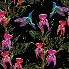 Humming birds and snap dragon pink flowers. Exotic seamless pattern. Summer jungle forest art. Embroidery. Line style. Fashion template for clothes, textiles, t-shirt design