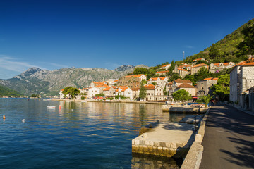 Fototapeta premium Sunny morning view of old town Perast of the Kotor bay, Montenegro.
