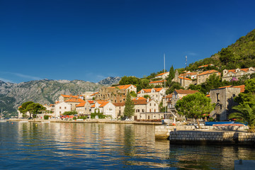 Sunny morning view of old town Perast of the Kotor bay, Montenegro.