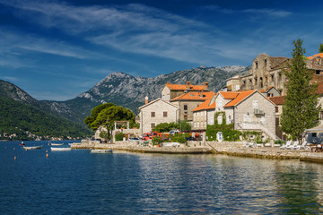 Sunny morning view of old town Perast of the Kotor bay, Montenegro.