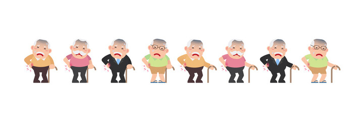 Character set of Old men or Grandfather, Older seniors retired are standing sore and touching her back at pain spine area, experiencing backache of hard work, An elderly cartoon design vector