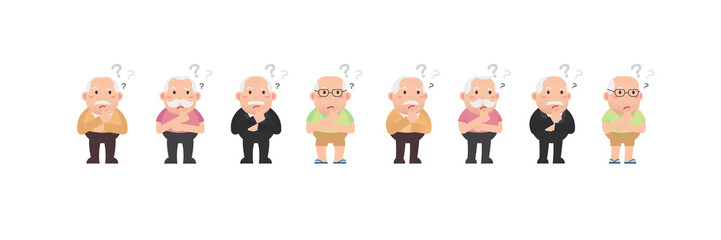Character set of Old men or Grandfather, Older seniors retired are thinking about problem and a finger resting on the chin, surrounded by question mark, An elderly Cartoon design Vector illustration